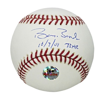 Barry Bonds Signed and Inscribed Baseball – ‘10-7-01 73 HR’ 